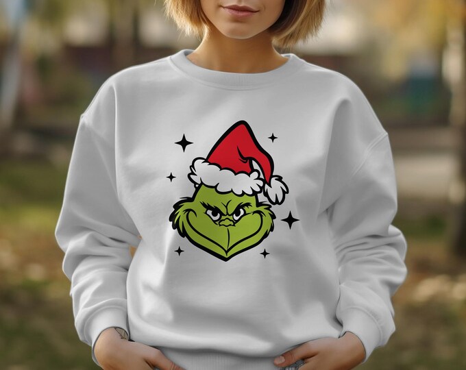 Retro Grinch with Red Santa Hat Christmas Unisex Sweatshirt - Vintage Grinch Christmas Shirt, Matching Family Shirts, Grinch Fan Gift