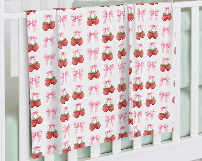 Coquette Strawberries and Pink Bows Baby Swaddle Blanket, Strawberry Swaddle Blanket, Gift for New Baby, Baby Shower Gift