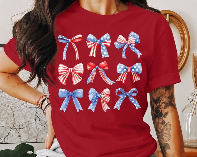Patriotic Bows T Shirt, American Flag Design Tee, USA Stars and Stripes Top, Fourth of July Shirt, Independence Day Gift, USA Pride Apparel