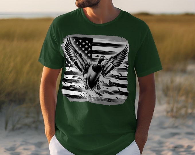 American Flag Duck Print, Patriotic T-Shirt, Wildlife Graphic Tee, Animal Lover Shirt, USA Pride Casual Wear, Unique Duck Design