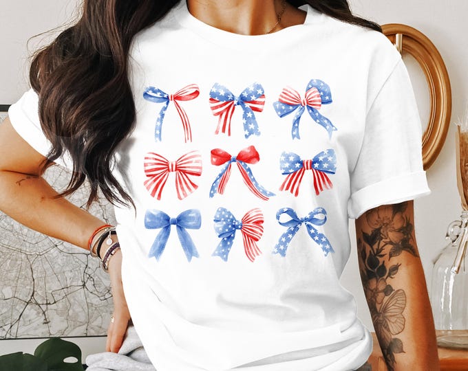 Coquette Patriotic Bow T-Shirt, American Flag Bows Graphic Tee, 4th of July Celebration Shirt, Independence Day USA Pride T-Shirt