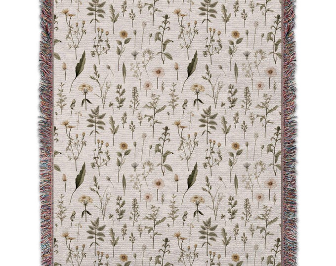 Vintage Cozy Floral Print Woven Blanket, Pastel Wildflower Woven Throw, Botanical Garden Woven Rug, Nature Inspired Wall Tapestry