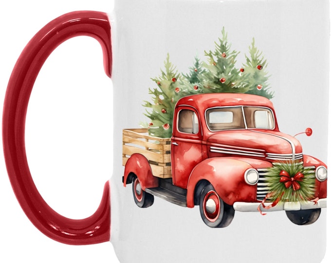 Vintage Red Truck 15oz Accent Mug, Coffee Mug Gift, Christmas Mug, Large Vintage Christmas Red Truck Mug, Holiday Gift for anyone