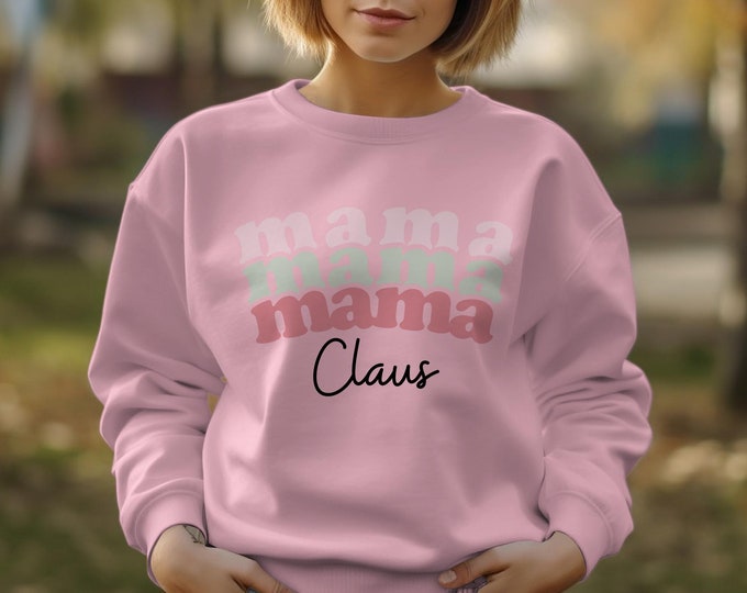 Pink Retro Mama Claus Christmas Unisex Crewneck Sweatshirt - Vintage Mama Claus Apparel, Vintage Holiday Tees, Matching Family Shirts