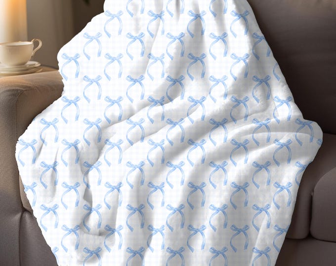 Blue Gingham and Coquette Blue Bow Sherpa Blanket | Ultra-Soft Floral Sherpa Throw | Cozy Fall Grandmillennial Blanket New Mom Gift