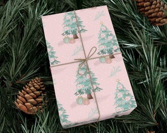 Pink Christmas Tree Wrapping Paper, Christmas Wrapping Paper, Holiday Gift Wrap, Vintage Pink Christmas,  Pink Christmas Tree Wrapping Paper