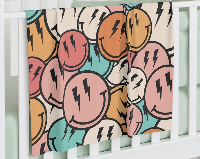SMILEY FACE BLANKET, Groovy Smiley Blanket, Swaddle Blanket, Retro Blanket, Groovy Blanket, Groovy Smiley Face Muted Color Baby Blanket