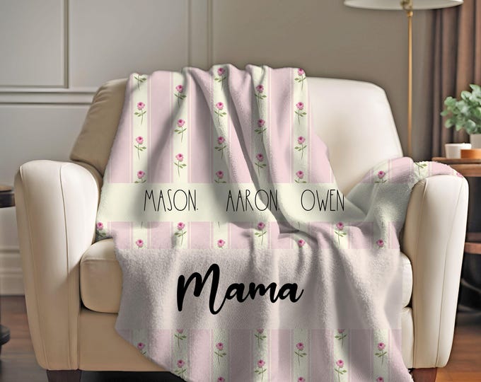 Personalized Vintage Mama & Grandma Kids Name Floral Sherpa Blanket, Family Name Blankets, Custom Hospital Blanket, Personalized Mom Blanket