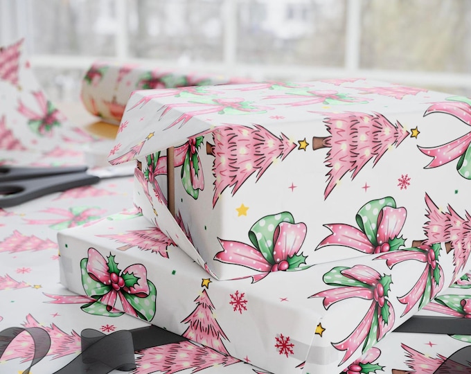 Pink and Mint Green Bows and Christmas Tree Luxury Gift Wrapping Paper, Vintage Style Holiday Wrap, Whimsical Cute Retro Christmas Paper
