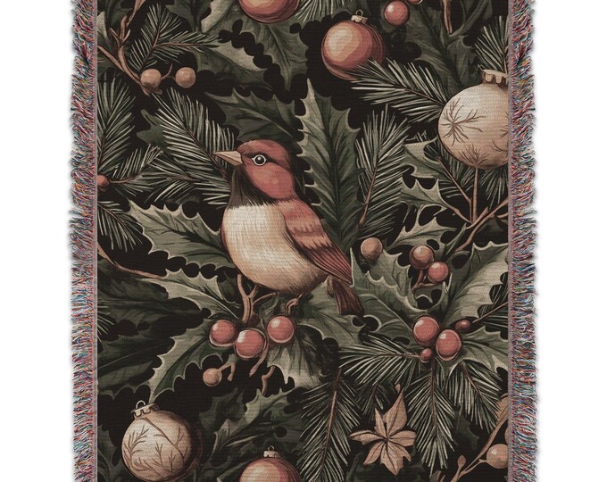 Holiday bird woven blanket, Christmas decorative woven throw, festive bird design home decor tapestry, cozy winter gift, Bird lover gift