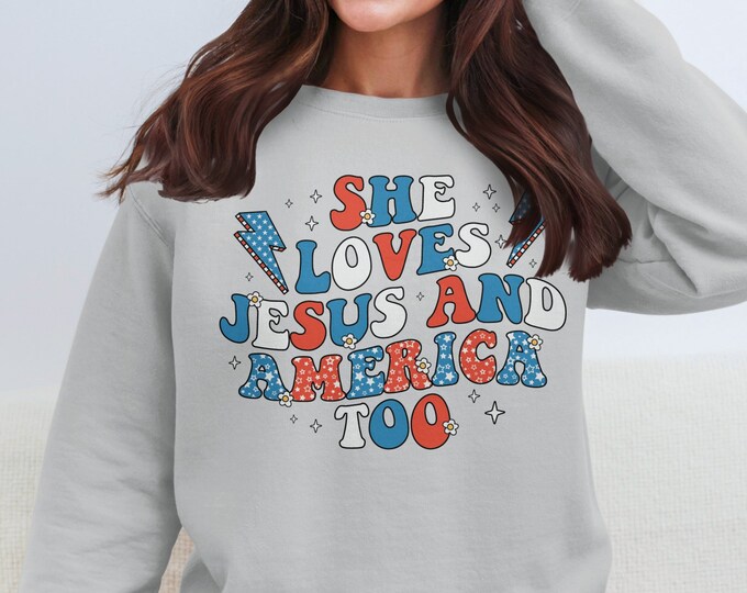 She Loves Jesus And America Too T-Shirt, Patriotic Graphic Tee, Religious American Apparel, Women's Faith Shirt, USA Pride Clothing