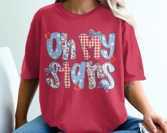 Retro Oh My Stars Vintage Patriotic Graphic T-Shirt, Cute Americana Summer Tee, Fun Festive Fourth of July Shirt, Red White and Blue Top