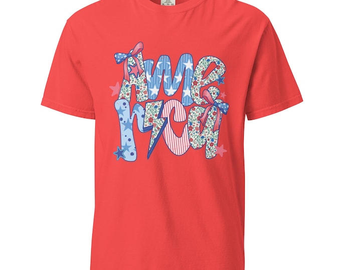 Comfort Colors® 4th of July Shirt, Coquette America Preppy Shirt, America Bow Shirt, Red, White, and Blue Patriotic Tee American Flag Shirt