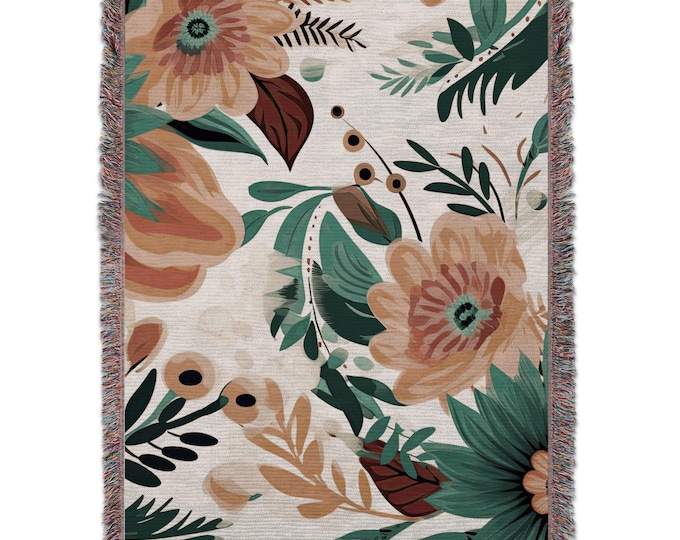 Floral Blanket, Teal and Orange Flowers, Botanical Blankets, Stylish Home Decor, Decorative Blanket, Modern Art Blanket, Cozy Throw Blanket
