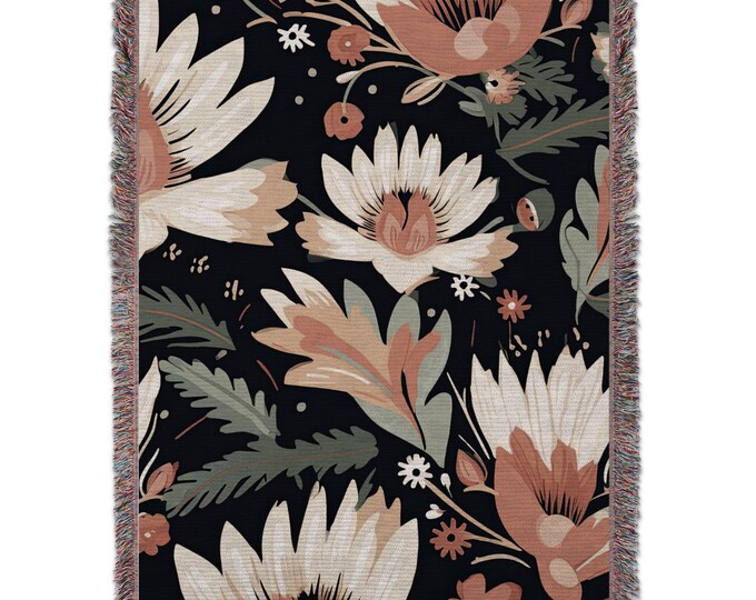 Floral Art Blankets, Botanical Pattern Blanket, Orange Cream Flower Design, Modern Flower Throw Blanket, Stylish Decor Gift Idea
