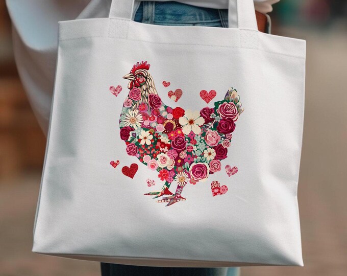 Floral Chicken Art T-Shirt, Tote Bag, Colorful Rooster Illustration, Unique Animal Lover Gift, Cute Flower Design, Farmhouse Decor