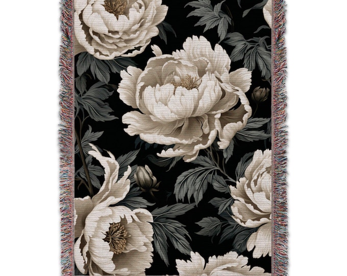 Vintage Boho Peony Woven Blanket Black & Neutral Peony Tapestry Cozy Woven Picnic Blanket Floral Woven Rug Bohemian Cottagecore Throw decor