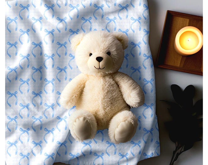 Blue Gingham and Coquette Blue Bow Sherpa Blanket | Ultra-Soft Floral Sherpa Throw | Cozy Fall Grandmillennial Blanket New Mom Gift