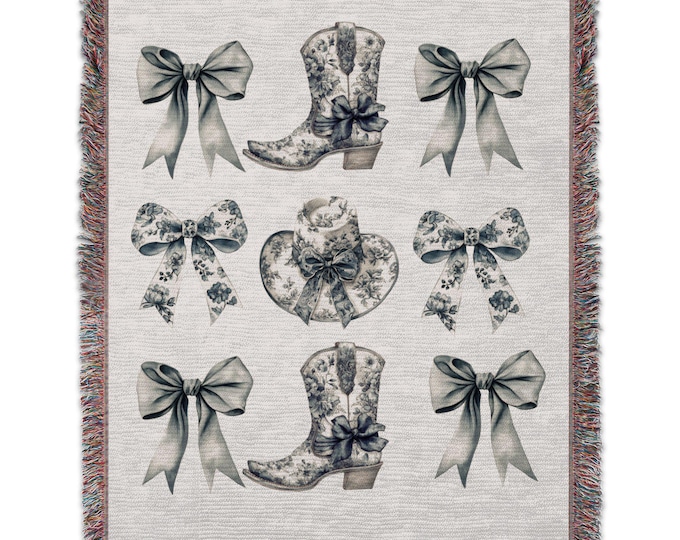 Coquette Bow Chic Blanket, Western Theme Blanket, Blue Bow Blanket, Decorative Throw Blanket,  Farmhouse Style Blanket
