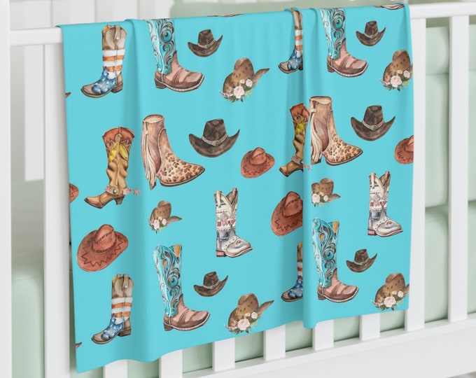 Western Cowboy Turquoise Baby Swaddle Jersey Knit Baby Swaddle, Cowboy Boots and Hats Baby Decor, Gift for New Baby, Swaddle Blanket
