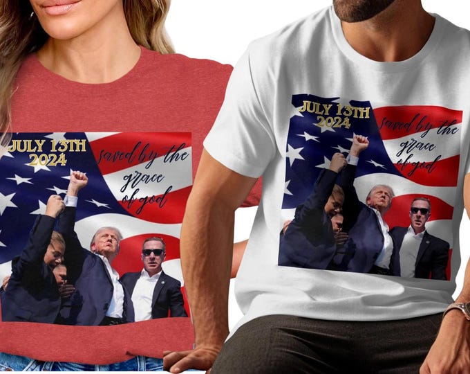 Trump shooting on July 13th 2024, Trump Saved By The Grace of God Shirt, Patriotic Graphic Tee, Iconic Trump Fist in the Air photo