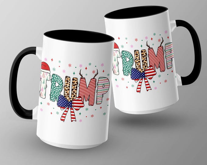 Patriotic Christmas Mug, Trump Mug with Santa Hat, Leopard and Striped Decorations, Red and Green Holiday Cup, Large Black Mug
