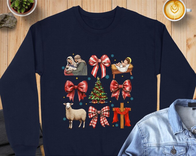 Coquette Christmas Nativity Scene Sweatshirt, Christian Holiday Sweatshirt, Cute Christmas Bow Sweatshirt, Festive Winter Sweatshirt