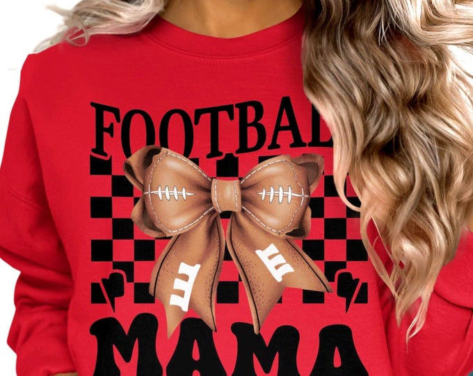 Football Mama Sweatshirt, Cute Football Bow Design, Checkered Football Print, Gift for Football Moms, Cozy Fall Wear, Trendy Sportswear
