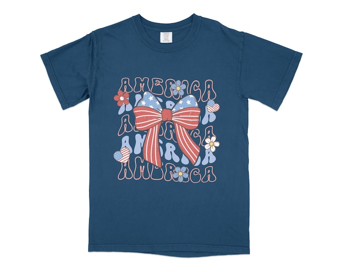Patriotic American Flag Bow T-Shirt, Vintage USA Stars Stripes Design, 4th of July Independence Day Apparel