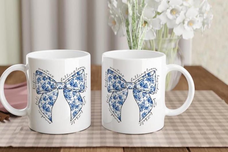 Coquette Floral Fall Bow Mug Glossy White Ceramic Coffee Mug Dishwasher