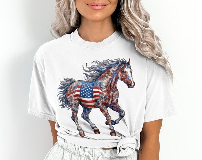 Patriotic Horse T-Shirt, American Flag Mustang Tee, Independence Day Shirt, July 4th Animal Top, Unique USA Flag Horse Apparel,2024 Paris