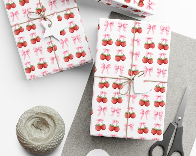 Strawberry and Pink Bow Coquette Preppy Wrapping Paper, Strawberry paper, Pink Bow Paper, Custom Wrapping paper, Cottagecore Paper