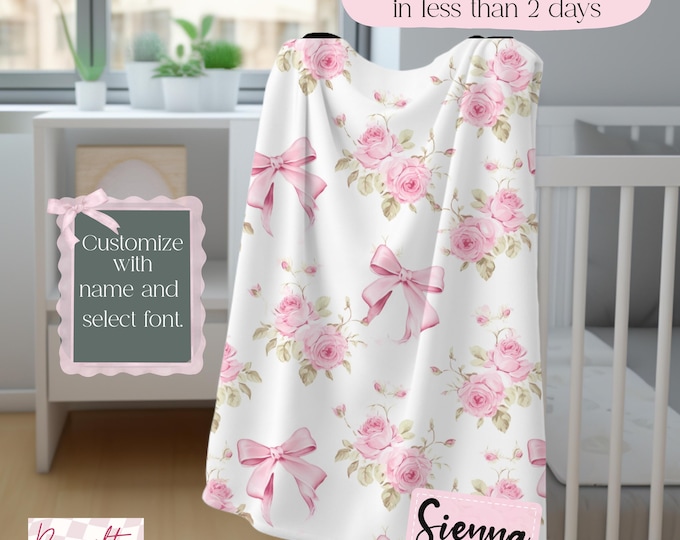 Custom Name Coquette Pink Bow & Roses Sherpa Fleece Blanket Pink Bow Floral Throw Nursery Decor Blanket Personalized baby gift Mother's Day