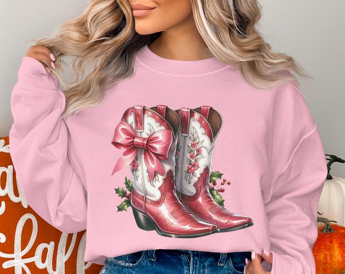 Coquette Cowboy Boots Sweatshirt, Coquette Western Shirt, Festive Cowgirl Pullover, Cute Cowgirl Boots with bow Shirt