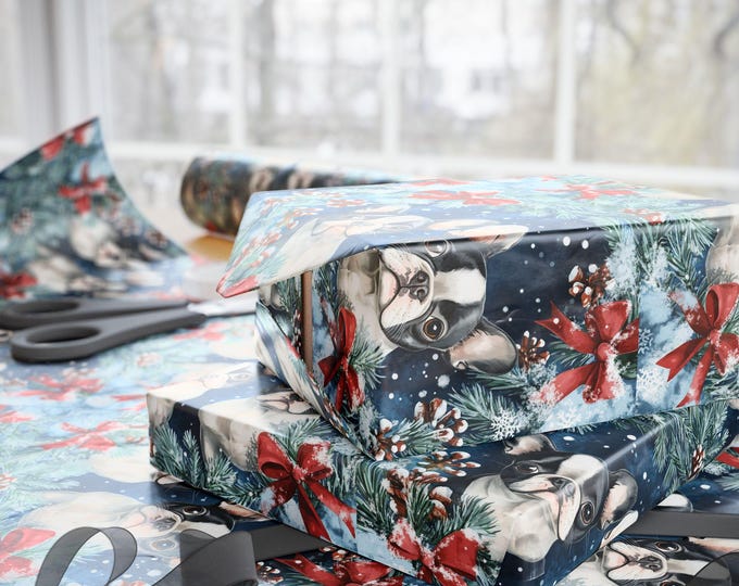 Boston Terrier Dog Holiday Gift Wrap {Gift Wrap, Birthday, Holiday, Christmas} Boston Terrier Wrapping Paper, Custom Paper