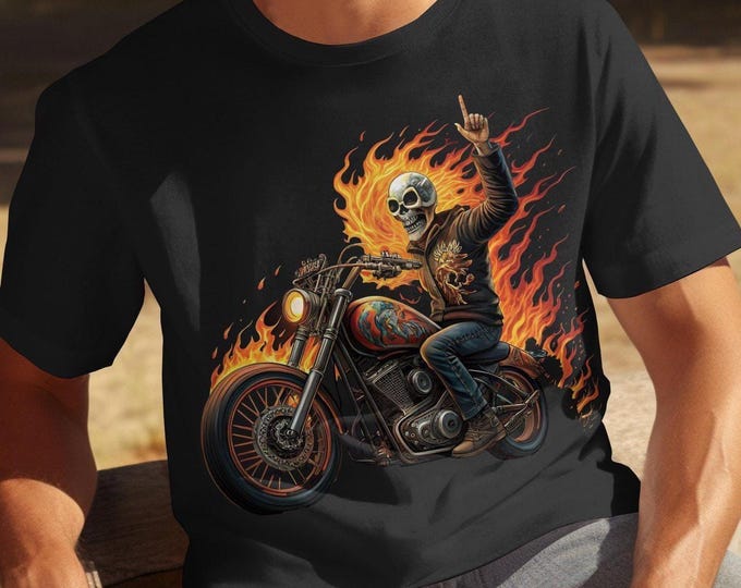 Biker Skull T-Shirt, Flaming Motorcycle Tee, Skeleton Rider Shirt, Cool Graphic Tee, Rocker Apparel, Gift for Biker, Mens Womens T-Shirt