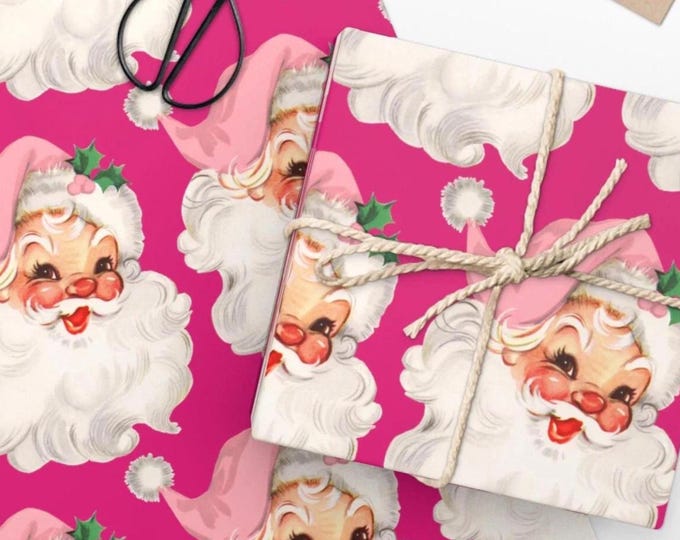 Vintage Santa Wrapping Paper, Pink Santa Wrapping Paper, Vintage Christmas, Pink Christmas, Custom Wrapping Paper