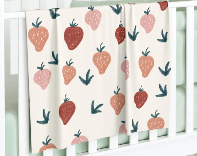 Boho Strawberry Baby Swaddle Blanket: Muted Colors, Floral Print