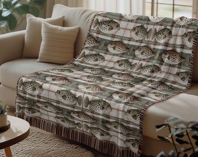 Woven Fishing Blanket Vintage Fisherman Hunting Blanket Cottagecore Cabin Lodge Fishing Blanket, Fish Pattern Throw Blanket Movie Night