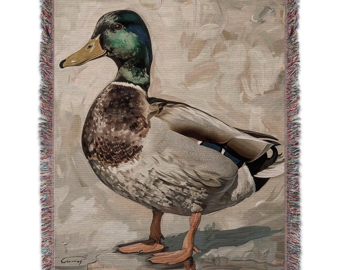 Animal print woven blanket, cozy 60' x 80' blanket with colorful duck design, woven cotton throw, fringe edge blanket, home decor