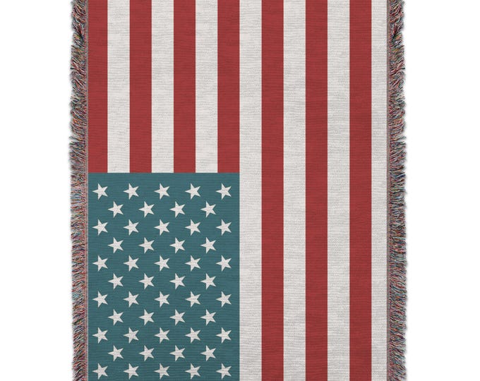 American Flag Woven Cotton Blanket, Patriotic Home Decor, USA Flag Throw, Cozy and Durable, Fringed Edges, Large Blanket