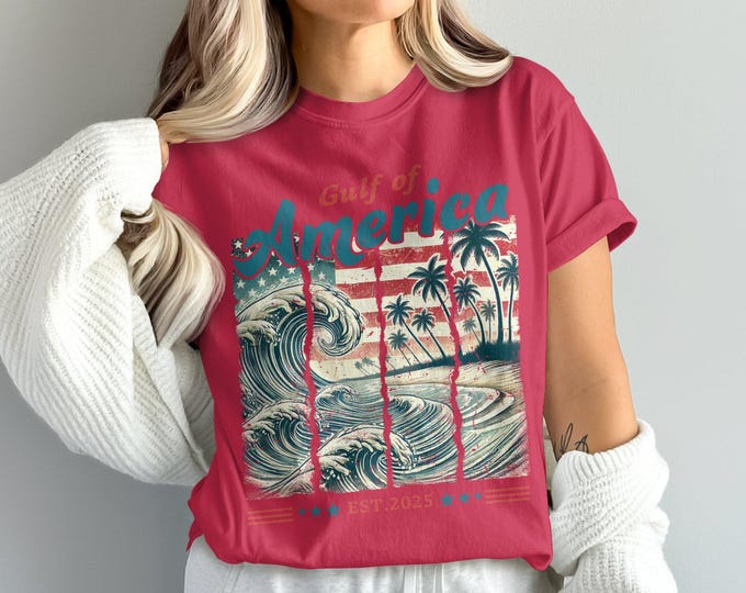 Vintage Gulf of America T-Shirt, Wave and Palm Trees Shirt, Retro Beach Shirt, American Flag Tee, Summer Vacation Top