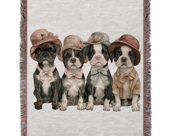 Cute Puppy Woven Blanket 60x80 Inches, Cozy Cotton Throw with Fringe, Adorable Dog Design, Pet Lovers Gift, Multi-colored Yarn Blanket