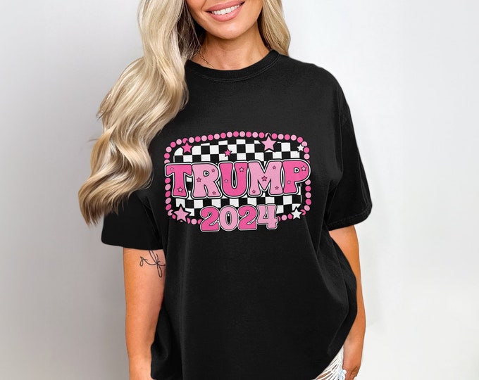 Comfort Colors Trump 2024 Graphic T-Shirt, Pink and Black Retro Design, Trendy Statement Tee, Election Year Apparel for Supporters