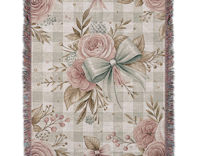 Woven Floral Blanket, Romantic Roses and Bows, Cozy Blue Checkered Blanket, Vintage Floral Design, Soft and Warm Throw Blanket, Gift Idea
