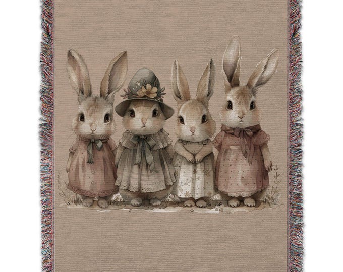 Cottagecore Bunny Family Blanket, Vintage Bunny Floral Wall Tapestry, Whimsical Nursery Bunny Decor, Sofa Bed Woven Blanket cover, New Home