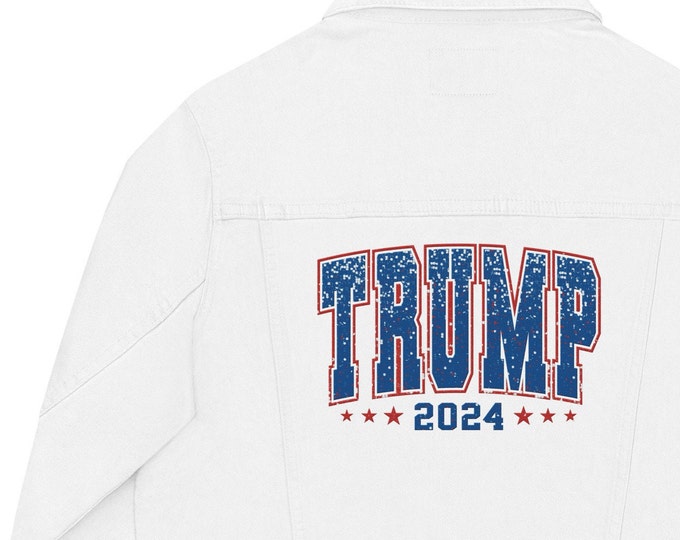 Trump 2024 White Unisex denim jacket, Trump 2024 Glitter Effect Denim Coat, Trump Jean Jacket