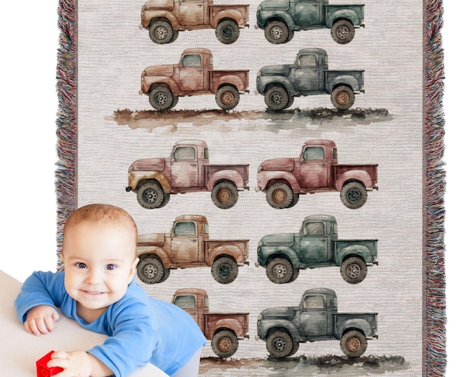 Vintage Truck Watercolor Blanket, Cozy Home Decor Throw, Colorful Antique Truck Art, Warm and Soft Blanket for All Seasons