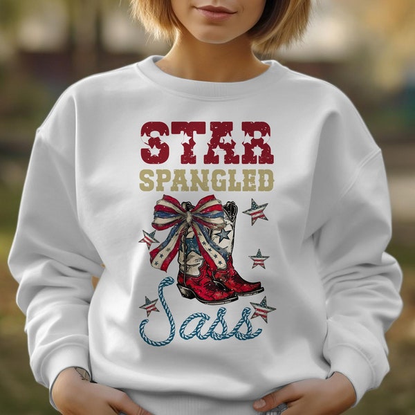 Patriotic T-Shirt, Star Spangled Sass with Red Cowboy Boots and Stars, American Flag Colors, 4th of July Apparel