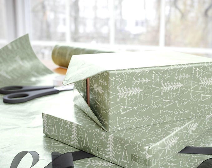 Vintage Sage Green & Beige Christmas Tree Wrapping Paper:{Gift Wrap, Birthday, Holiday, Christmas} Custom Gift Wrap, Vintage Holiday Paper